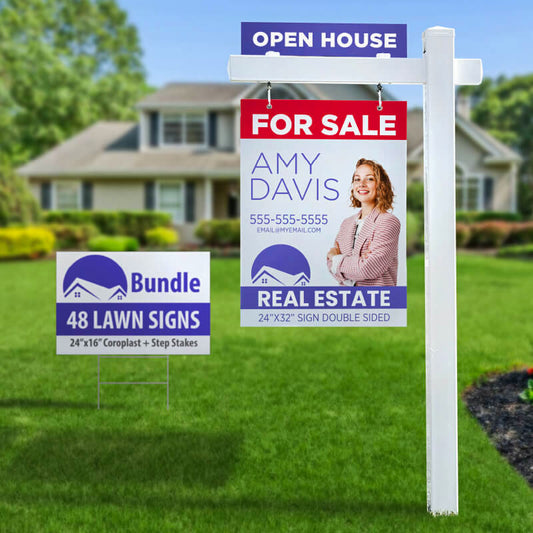 Real Estate Bundle 2: Sign Post + For Sale Sign + Rider + 48 Lawn Signs AskGuy Design to print